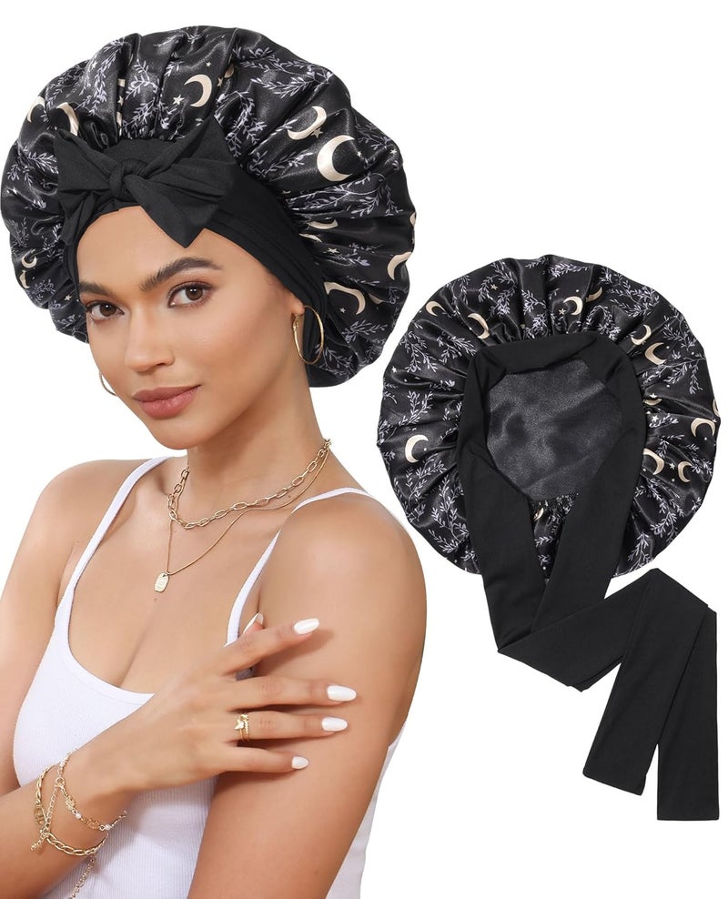 CHLINS Satin Bonnet Silk Bonnet for Sleeping Silk Sleep Cap Double Layer Hair Bonnet with Elastic Tie Band for Curly Hair Night Cap - Image 1